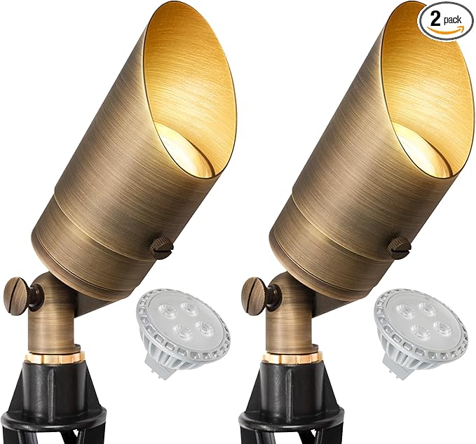 GKOLED Solid Brass Spotlight Low Voltage Landscape Lighting, LED Outdoor Lights for Garden Patio Yard, Directional Up and Down Light with 5W MR16 Bulb, 12V 2700K Warm White, 2 Pack