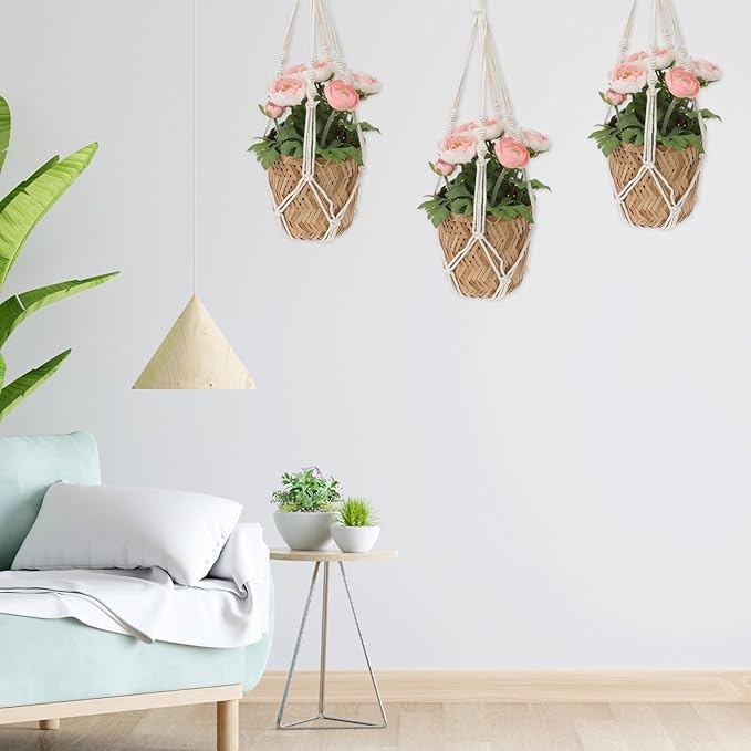 2 PCS Macrame Plant Hanger Indoor Hanging Plant Holder Hand-Woven Cotton Rope Flower Pot Basket with Metal Hook Rings Window Plant Hanger for Outdoor Hanging Pots Home Boho Decor, No Tassels, 23.6"