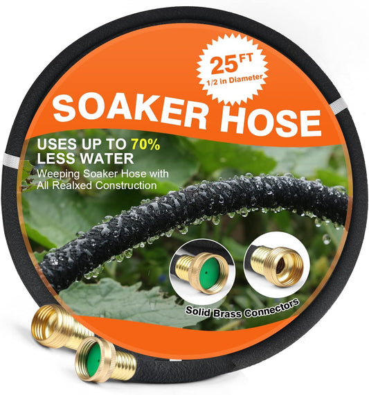Soaker Hose 25 FT for Garden 1/2" Diameter Irrigation Hose Save 70% of Water Solid Brass Interface Eminently Suitable for Lawn and Garden Beds Cover