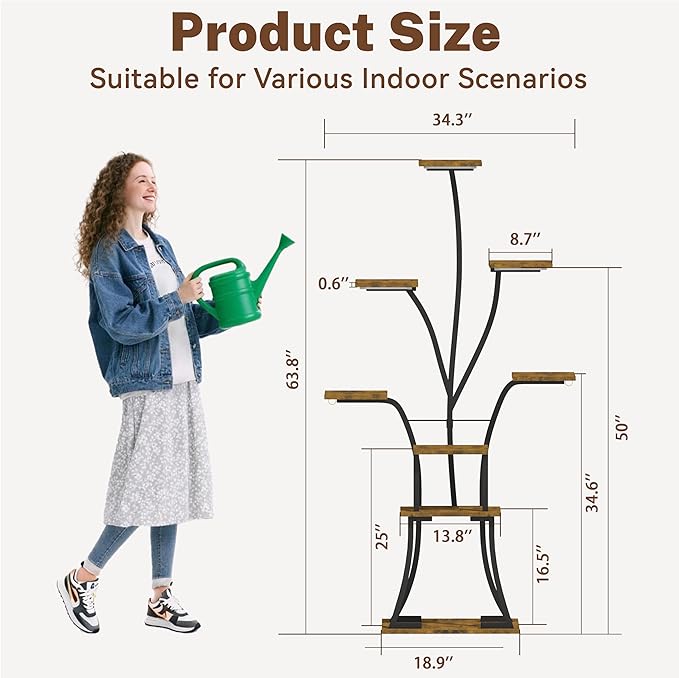 64" Tall 8 Tiered Plant Stand Indoor with Grow lights Large Tree Shape Decorative Rack Plant Pot Holder Gardening for Living Room Corner Black