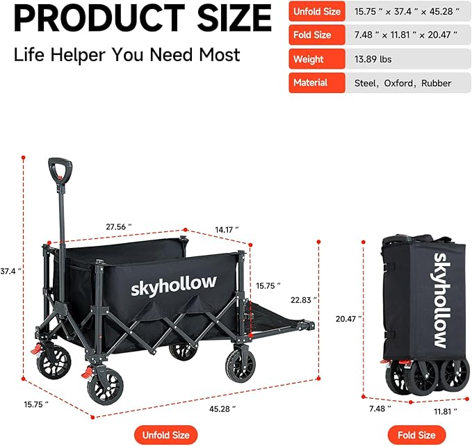 Collapsible Wagon Cart with Wheels Foldable,Folding Beach Wagons Carts Foldable for Grocery Shopping Camping Garden Fishing Sports