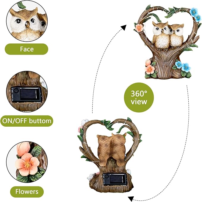 Solar Garden Owl Statue, Owl Figurines with Solar LED Lights for Garden Patio Lawn Ornaments, Indoor Outdoor Decor Waterproof Garden Gift for Owl Lovers 7''