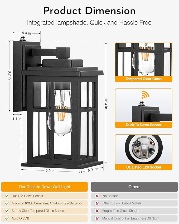 Outdoor Wall Lights Dusk to Dawn, Black Lights for House, Waterproof Exterior Lighting Fixtures, Outdoor Light Fixture with Tempered Glass for House, Porch, Garage, Doorway