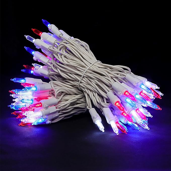 MULTI-SPARKING Red White and Blue LED Christmas Lights - 100 Count 4th of July Patriotic String Lights for Tree, Party, Independence Day Decorations, 33 Feet White Wire, UL Certified, Connectable