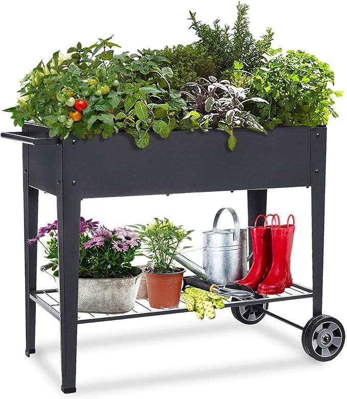 Raised Planter Box with Legs Outdoor Elevated Garden Bed On Wheels for Vegetables Flower Herb Patio