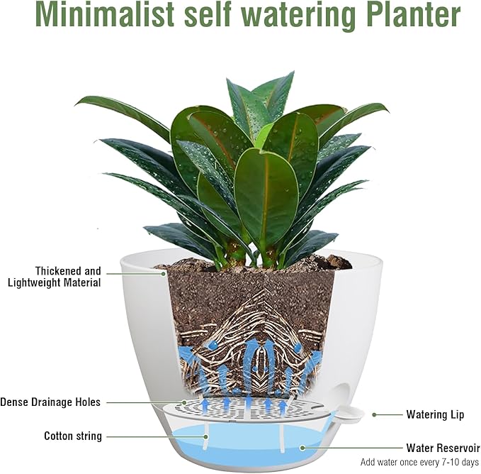 12 inch Large Self Watering Pots for Indoor Outdoor Plants, Plant Pots with Mesh Drainage Holes for Garden House Plants, Plastic Planters with Reservoir for Flower Plants, White
