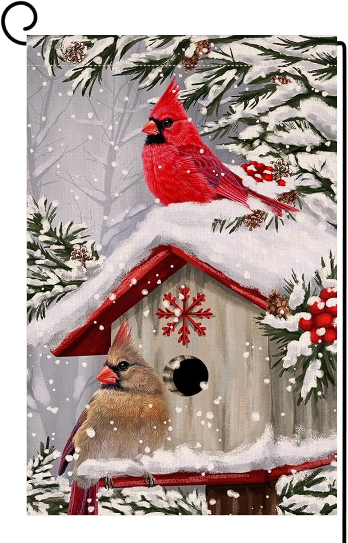 BLKWHT Winter Cardinal Bird Garden Flag 12x18 Vertical Double Sided Trees Snow Christmas Holiday Outside Decorations Burlap Yard Flag BW735