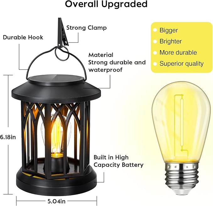 Hanging Solar Lanterns Outdoor Waterproof - 2 Pack Solar Lantern Decorative, Hanging Solar Lights for Outside, Outdoor Solar Powered Lantern with Handle & Clip for Patio Yard Decor