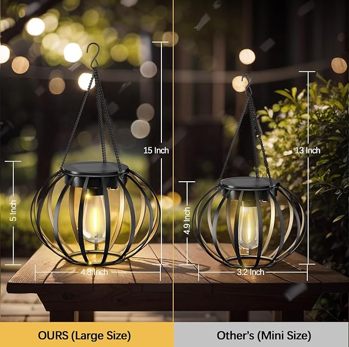Solar Lanterns Outdoor Waterproof - 2 Pack Solar Outdoor Lanterns, 15"" Solar Lights Outdoor Hanging, Lanterns Decorative Outdoor Pumpkin Shape, Black, Wq-OSL-001
