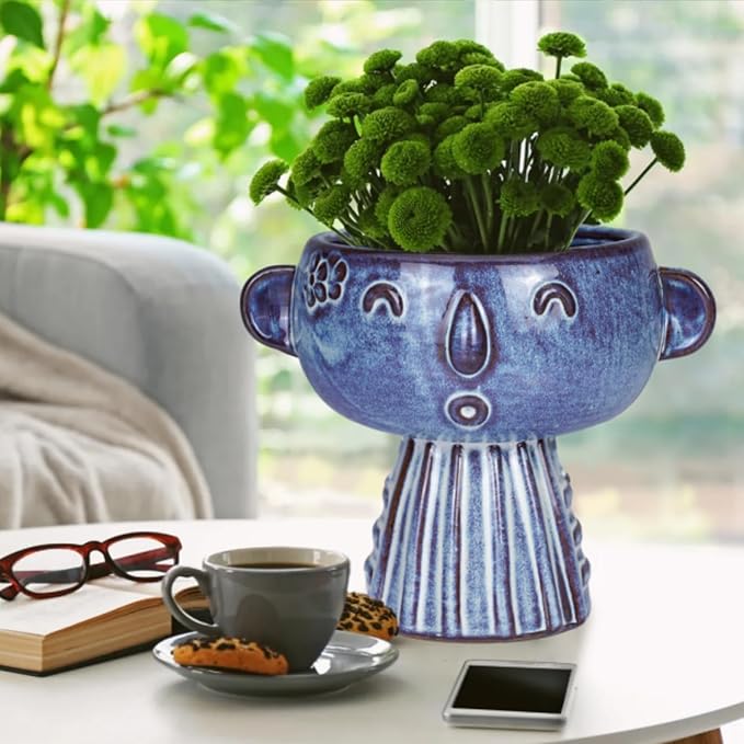 Planter, Ceramic Cute Face Flower Pot Head, Indoor Outdoor, Drainage Hole, 7x5x6 inches, Light Blue