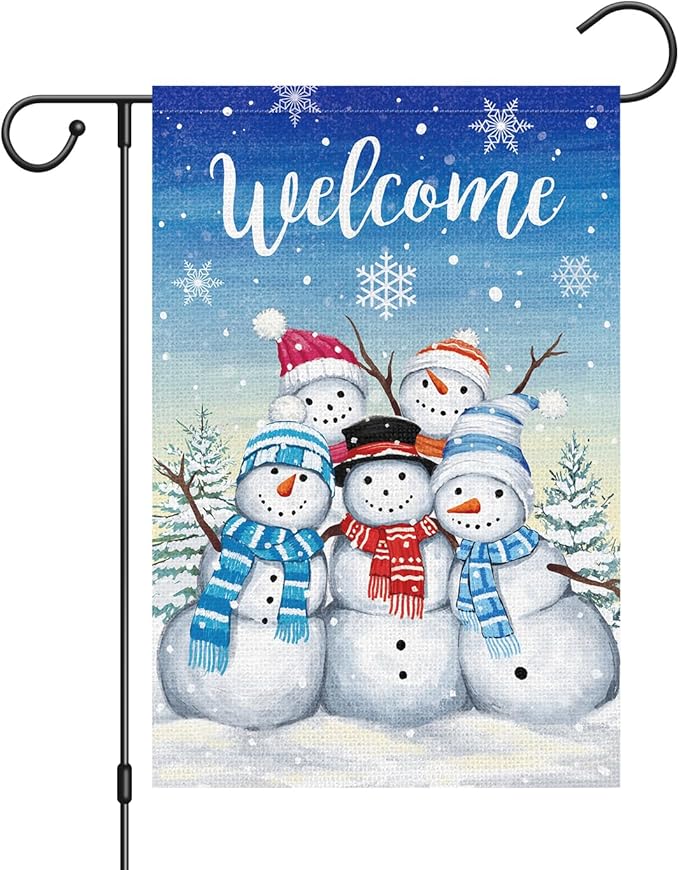 Welcome Winter Garden Flag Double Sided Sonwman 12x18 Inch Small Burlap Welcome Holiday Yard Outdoor Outside House Decoration