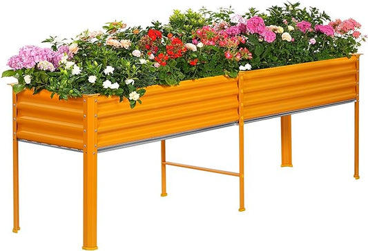 Land Guard Galvanized Raised Garden Bed with Legs, 96×24×32in Raised Garden Beds Outdoor with Drainage Holes, Planter Boxes Outdoor for Backyard, Patio, Balcony, 800lb Capacity, Cream Yellow