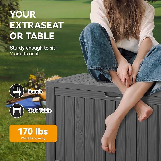 KAMABOKO Deck Box, 75 Gallon Resin Indoor and Outdoor Storage Boxes Waterproof for Garden Tools, Pool Accessories Storage Bench, Patio Furniture and Cushions with Lockable Lid, Black