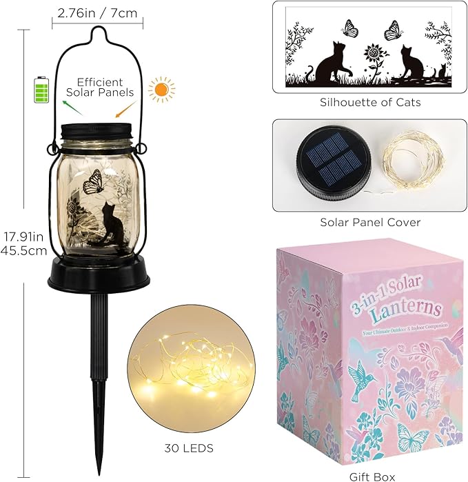 Kyoryuger Cat Solar Lanterns 2PACK Cat Lover Gifts for Women Mom Grandma Christmas Cat Gifts for Cat Lovers Cat Memory Lantern with Stake for Yard Lawn Patio Garden Decor and Bedroom Decoration
