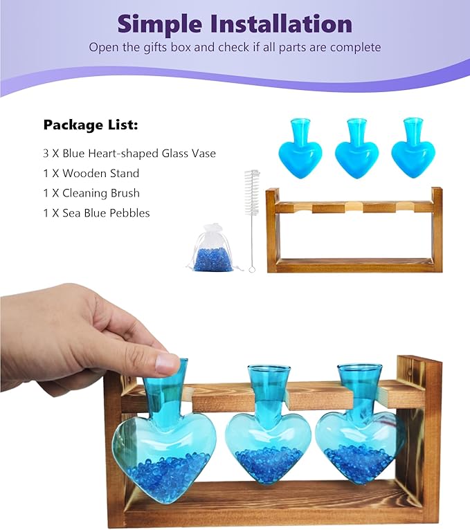 Nacome Plant Terrarium for Office Decor: Wooden Stand Tabletop Planter 3 Bulb Glass Vase Heart Shaped for Hydroponics Indoor Home - Birthday Gifts for Women Mom Grandma