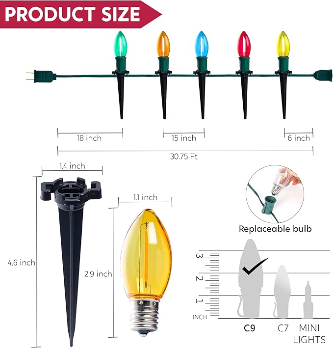 Joiedomi 30.75FT C9 Christmas Pathway Stake Lights, 24 LED Jumbo Bulbs Outdoor Walkway Green Wire Connectable Multicolor Decor for Holiday Commercial Xmas Yard Garden Lawn