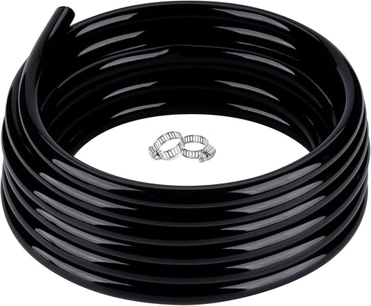 3/4" id - 25ft Black Vinyl Tubing Flexible PVC Tube Hybrid Hose Transfer Water Fuel Gas for Pond Fountain Garden Waterfall, Durable and Safe, with 2 Hose Clamps