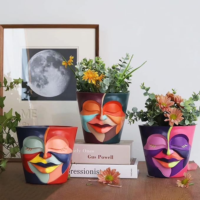GUGUGO Abstract Rainbow Head Planter, Unique Face Plant Pot with Drainage, Cute Eclectic Flower Planters Pots for Indoor & Outdoor Plants, Colorful Funny Room Decor