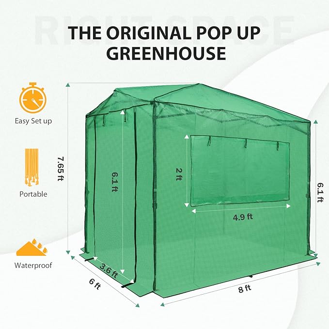 EAGLE PEAK 8x6 Portable Walk-in Greenhouse, Pop-up Indoor Outdoor Garden Green House, Zippered Doors and Windows, PE Cover, Green