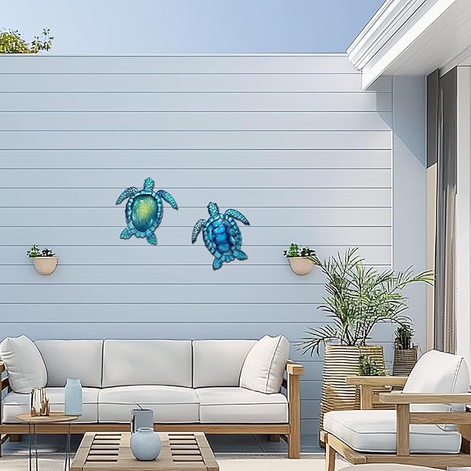 LIFFY Metal Turtle Wall Art Decor Ocean Wall Hanging Coastal Wall Sculptures Beach Theme Wall Decoration for Indoor Outdoor Bathroom Beach Garden Pool (10", 2 pcs)
