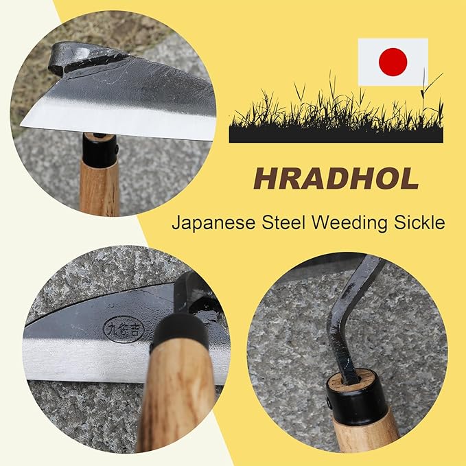 Japanese Weeding Sickle Hand Sickle，Hoe Gardening Tools for Weeding and Cultivating Weed Remover Tool High-Carbon Steel with Hard Solid Wood Handle Very Sharp (Wooden Handle)