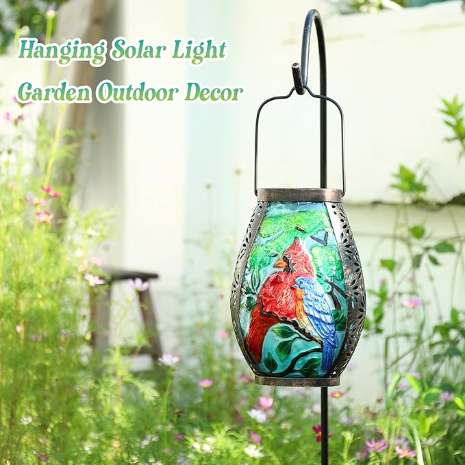 MUMTOP Solar Lanterns Outdoor Waterproof Cardinal Bluebird Solar Powered LED Lights Hanging Solar Lantern Metal Decorative for Patio Table Garden Outside Yard Backyard