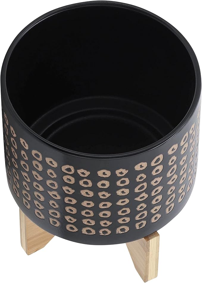 Sagebook Home 9.25" H 8" Diameter Natural Sand and Deep Brown Glazed Ceramic Dotted Planter on Brown Rubberwood Stand for Indoor and Outdoor Decorating