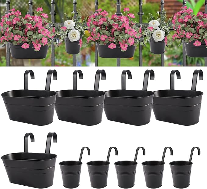 Metal Iron Flower Pots for Railing Fence Hanging Bucket Pots(5 Pcs) and Hanging Flower Pots Metal Iron Bucket Planter(10 Pcs) (Black)