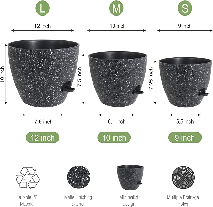 Large Self Watering Pots, 12/10/9 Plastic Planters with High Drainage Holes and Deep Reservoir for Indoor Outdoor Garden Plants and Flowers, Black Speckles