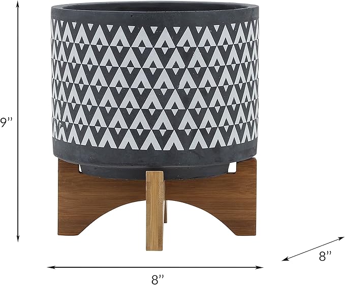 Sagebook Home 9" H 8" Diameter Dark Gray and Ivory Aztec Design Ceramic Planter with Solid Rubberwood Stand for Living Room, Bedroom, or Office