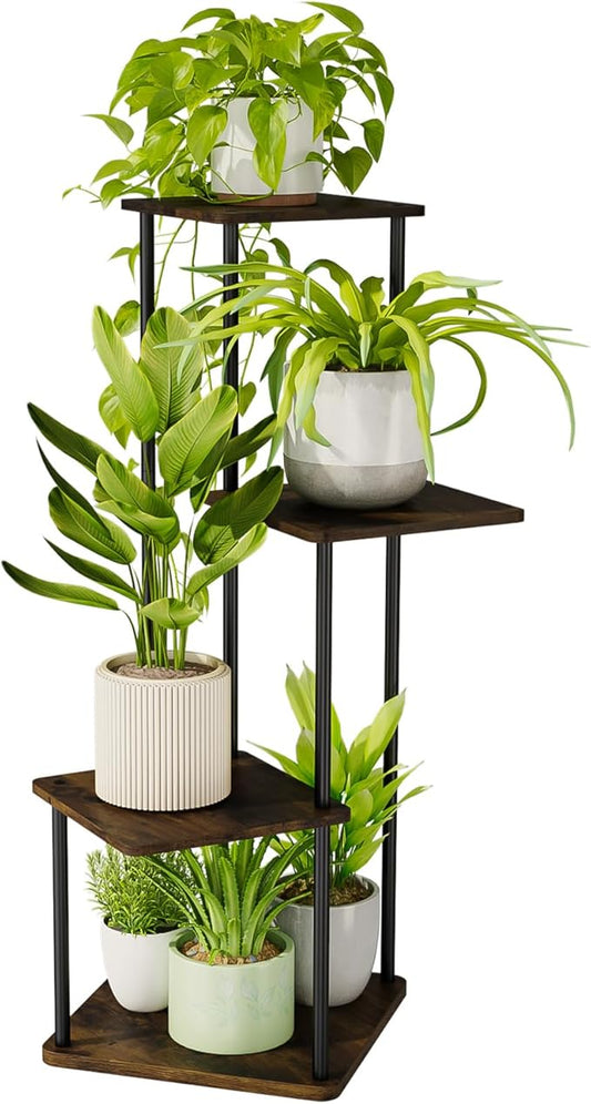 Bamworld Small Plant Stand Indoor, 4 Tier Metal Plant Shelf for Multiple Plants, Corner Flower Stand for Patio Garden Balcony Living Room Bedroom(Brown)