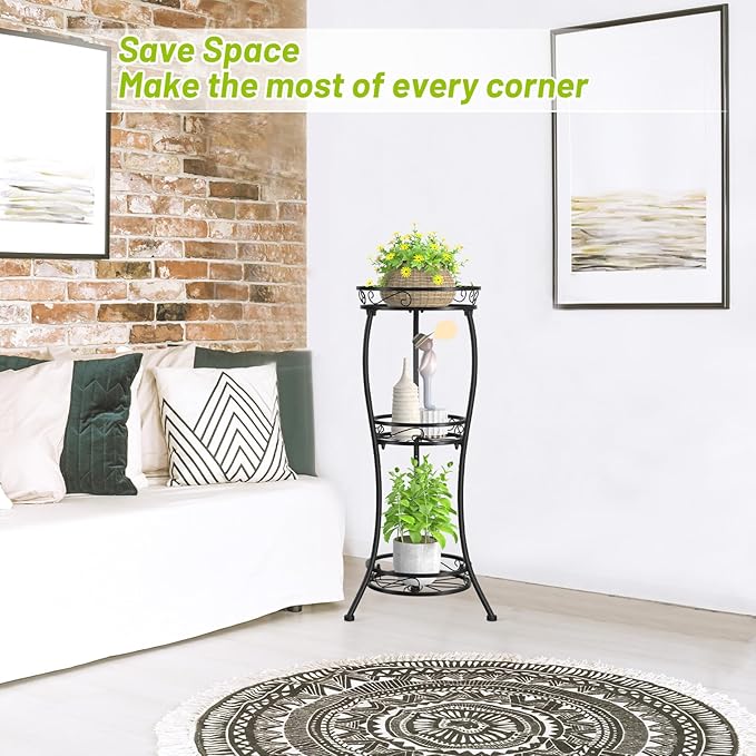 KMOTASUO 3 Tier Tall Metal Plant Stand, 33 Inch Plant Stands Indoor Outdoor, Rustproof Iron Flower Pot Holder Display Rack for Corner Patio Garden Balcony Living Room(Black)