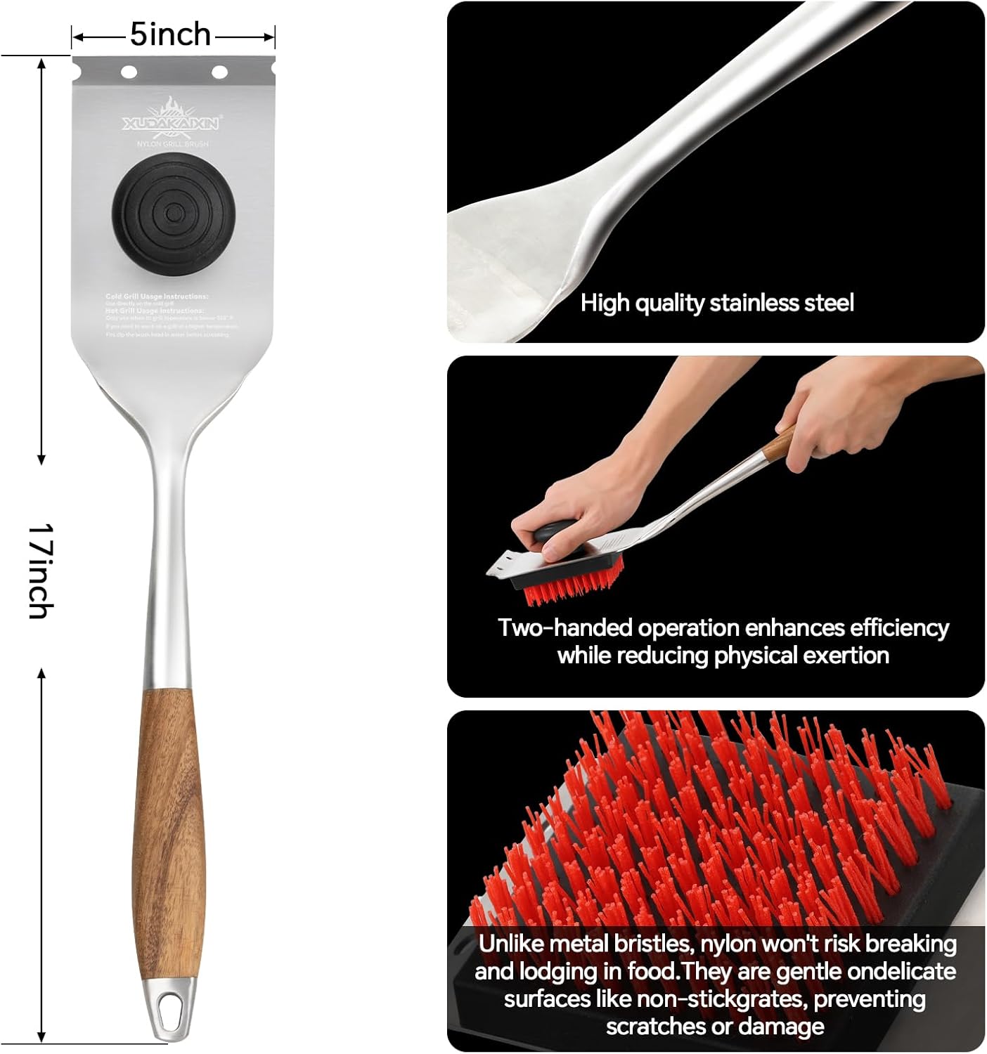 Grill Brush and Scraper, Dual Grip Design,Extra Strong BBQ Cleaner Accessories,Safe Nylon Bristles Barbecue Triple Scrubbers Cleaning Brush for Cast Iron Grates/Porcelain/Charcoal Grill