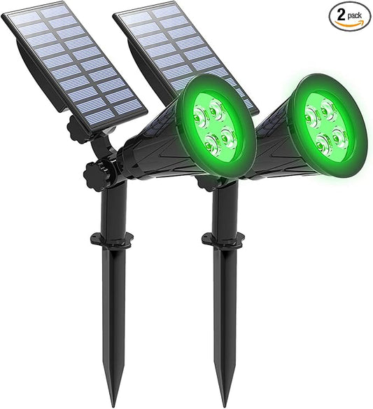 T-SUNUS Green Solar Lights Outdoor 2 Pack, IP65 Waterproof Solar Spotlight, Auto-on/Off Security Wall Light Landscape for St. Patrick's Day Halloween Christmas Tree Patio Yard Garden Driveway Pool