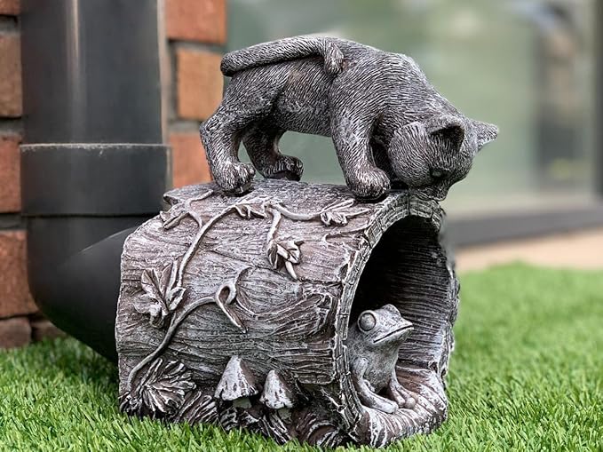 Gutter Downspout Extension - Downspout Splash Block - Downspout Diverter Garden Statue (Playful Chasing Kitty and Frog)