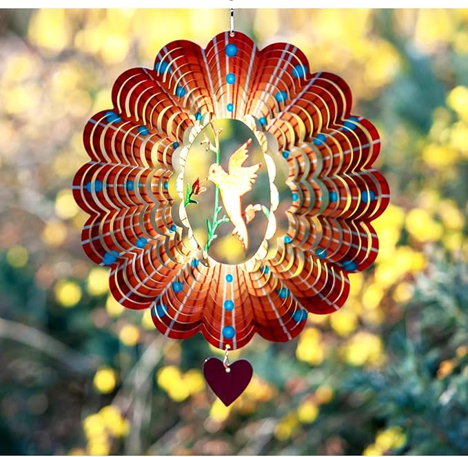 SteadyDoggie Wind Spinner - 12-Inch 3D Stainless Steel Lovebird Design with Heart Pendant - Laser Cut Metal Art Geometric Pattern - Hanging Kinetic Yard Garden Decor