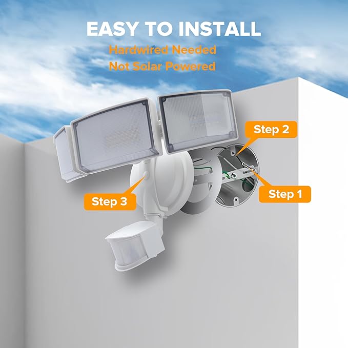 UME 49W 5500LM LED Security Lights Motion Sensor Light Outdoor, 5000K Daylight, IP65 Waterproof, Dusk to Dawn, 3 Head Motion Detected Flood Light for Garage, Yard, Porch(White)