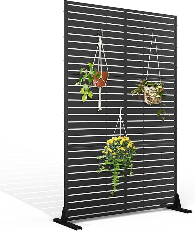 Metal Privacy Screen with Stand 72" H×47" W Outdoor Freestanding Privacy Screen & Panels, Outdoor Privacy Screen for Deck Patio Balcony(Black-Louvered)