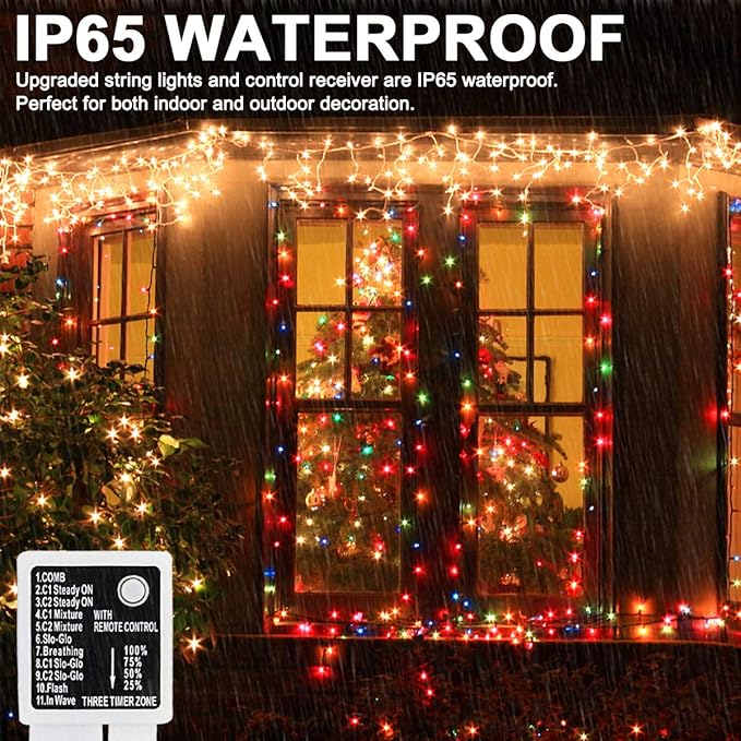 Decute 300LED Christmas Tree String Lights Outdoor Indoor 108FT Extendable, 11 Modes 4 Colors Changing Twinkle Fairy Lights with Timer Remote for Party Decor, Warm White & 3 Multicolors