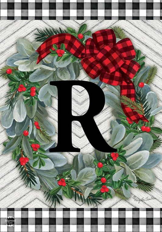 Briarwood Lane Winter Wreath Monogram Letter R Garden Flag