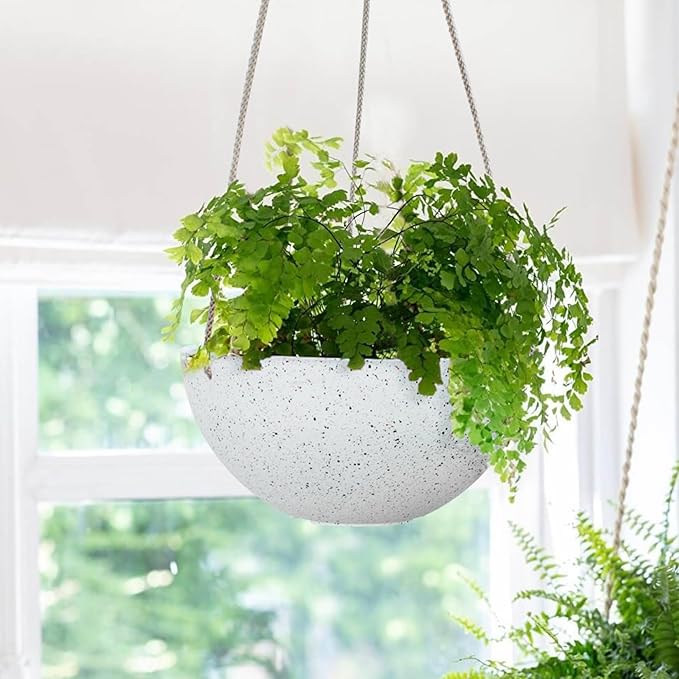 LA Jolie Muse Hanging Planters for Indoor Plants - Flower Pots Outdoor 10 inch Garden Planters and Pots,Speckled White Set of 2