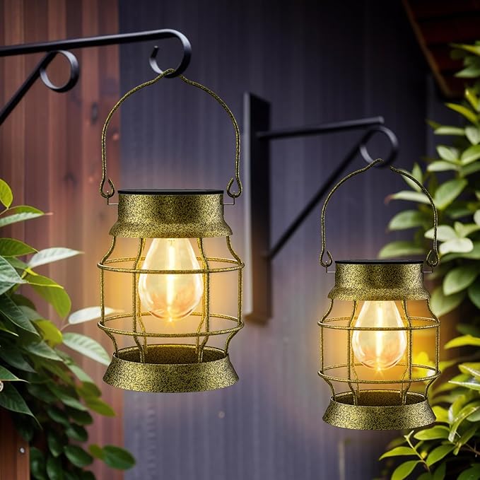 Solar Lantern 2 Pack Solar Outdoor Lights Metal Hanging Lights for Outside Waterproof Retro Design with Edison Bulb Decorative for Patio Porch Fence Garden Lawn
