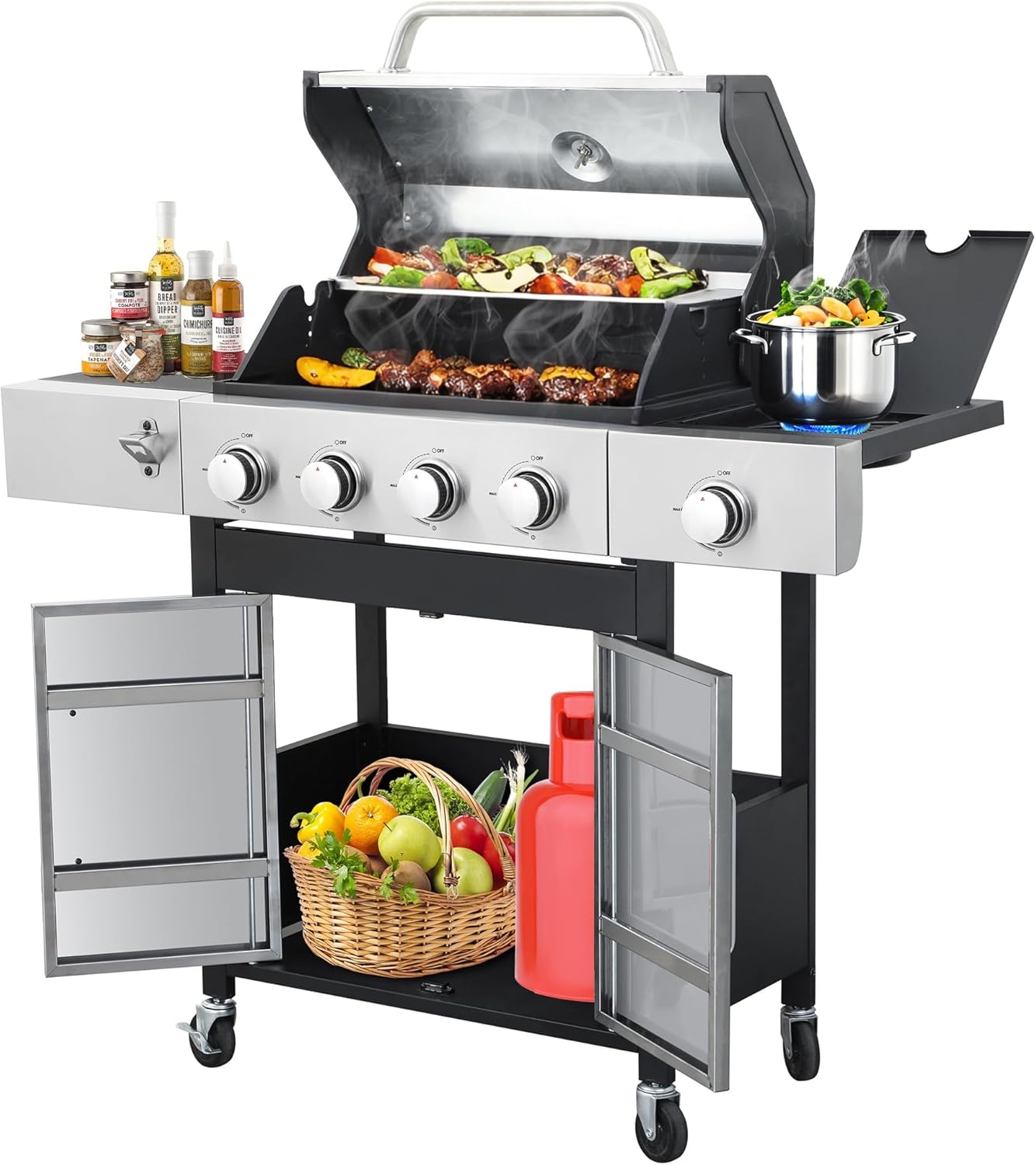 HYCHIKA 4-Burner Propane Grill with Sear & Side Burner, 46790 BTU Gas Grill with Griddle Pan & Enameled Cast Iron Grates, BBQ Grill with 439 Sq. In. Grilling Area for Outdoor, Patio, Backyard Babecue