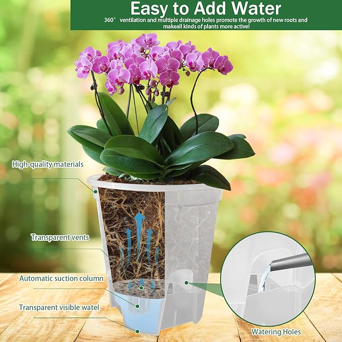 Cdd's Path 5-Pack 6 Inch Self Watering Pots Set with Holes for Indoor/Outdoor Plants,Planter Pot with Watering Hole/Reservior and Air Pipes,Clear