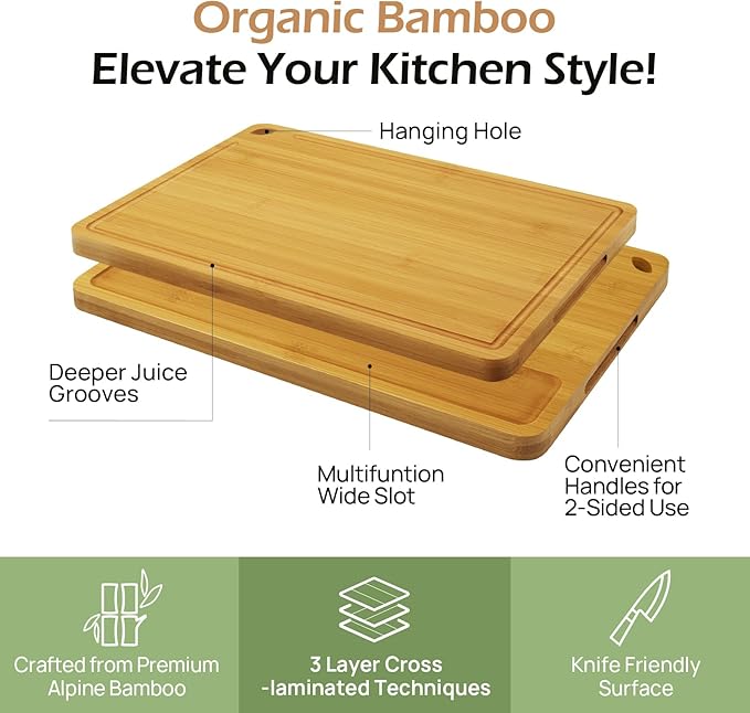 Cutting Board For Kitchen Natural Bamboo With Smooth Finish & Deep Juice Groove – L (15x10) – Great For Slicing, Serving