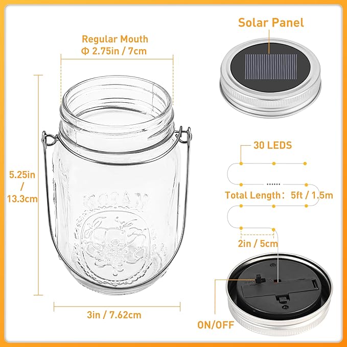 GIGALUMI Solar Mason Jar Lights, 8 Pack 30 Led String Fairy Lights Garden Lights Outdoor Waterproof Metal Lid Hanging Solar Lanterns for Outdoor, Garden, Patio, Lawn, Balcony Decoration