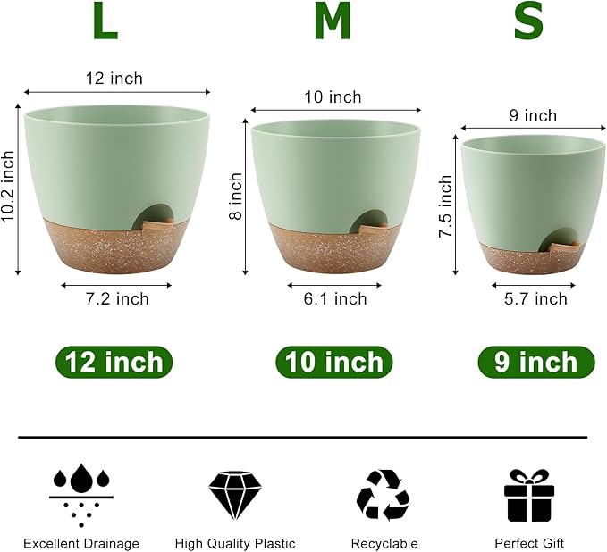 Plant Pots 12/10/9 Inch Self Watering Pots, Set of 3 Plastic Planters with Drainage Holes and Saucers,Plastic Flower Pots,Nursery Planting Pot for Indoor Out Door Plants(Green)