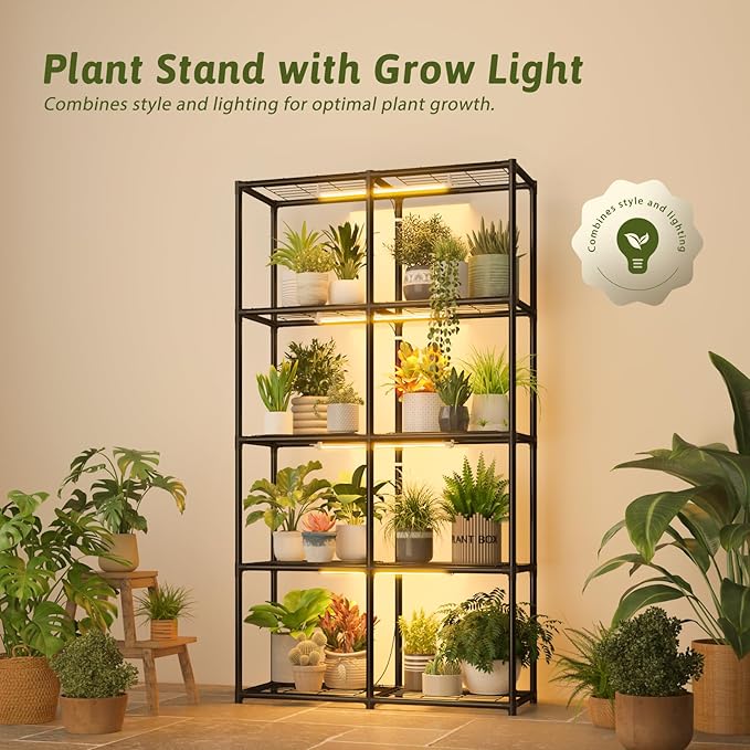 Plant Stand With Grow Light Indoor Outdoor Tall Wide Plant Shelf Metal Waterproof Black Plant Rack for Multiple Plant Holder Flower Pot Table 5 Tiers