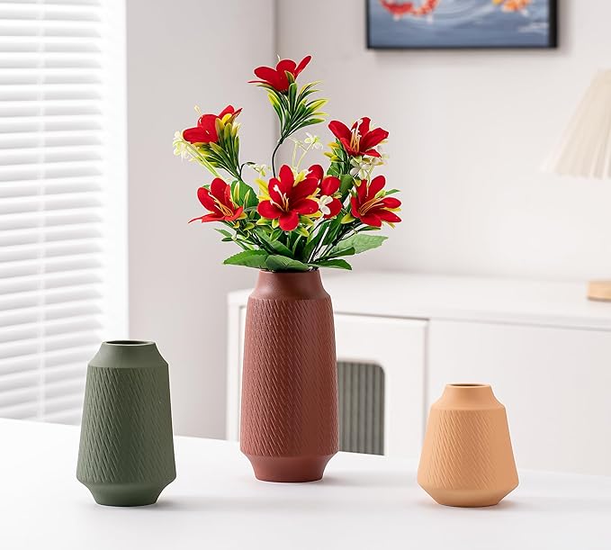 Ceramic Vase Set of 3, Modern Multicolor Pattern Flower Vases for Home Decor, Office, Centerpieces, Boho Farmhouse Style (Red/Green/Orange)