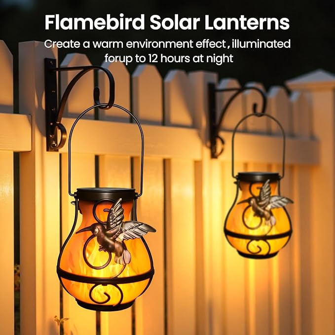 Solar Lights Outdoor Decorative, Hummingbird Flickering Flame Lantern Waterproof, Garden Decor Hanging Lights for Outside Patio Pathway Yard, Christmas Birthday Gifts, 2 Pack